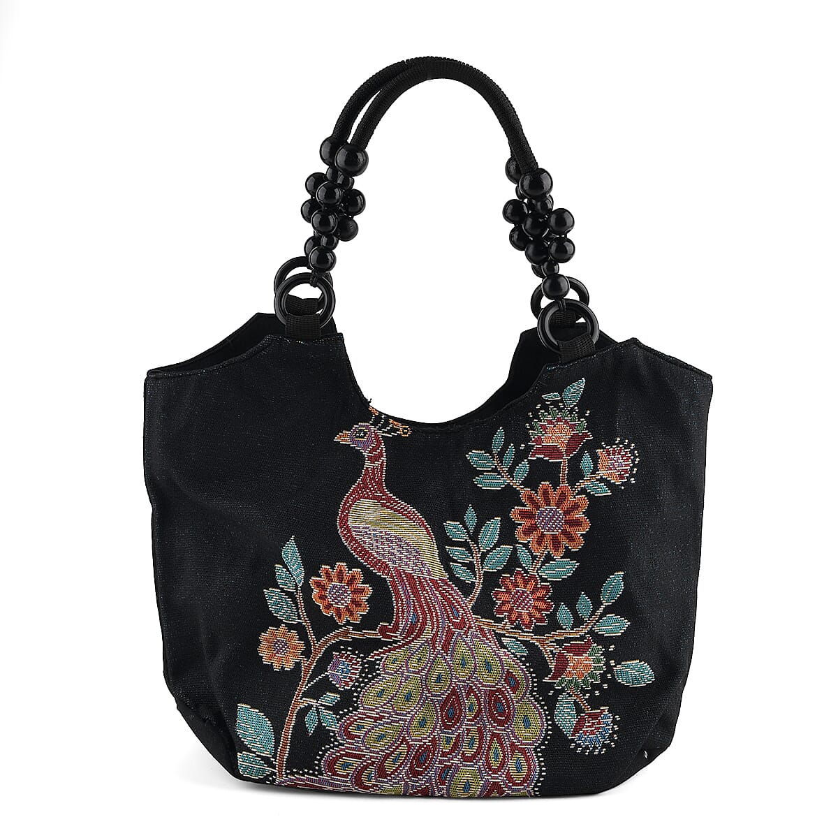 La Marey Peafowl Pattern Tote Bag with Wooden Beads Handle