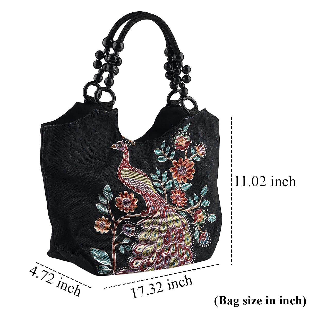 La Marey Peafowl Pattern Tote Bag with Wooden Beads Handle