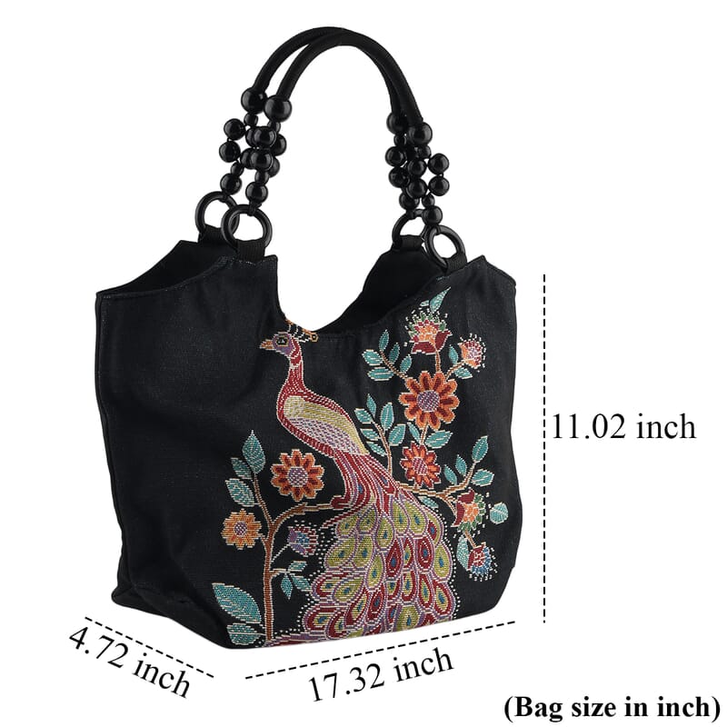 La Marey Peafowl Pattern Tote Bag with Wooden Beads Handle