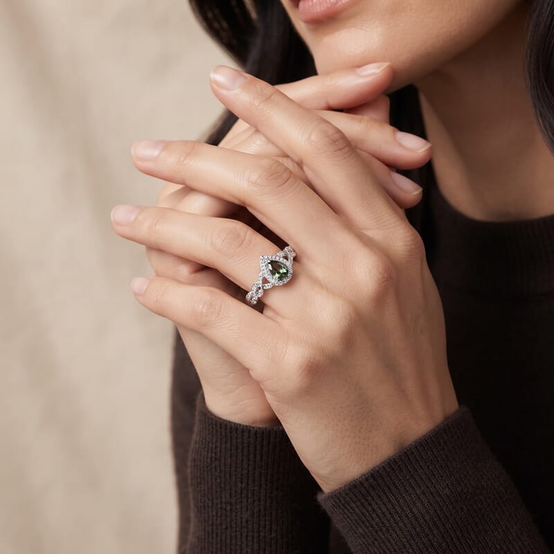 D'Joy Natural Green Apatite and White Zircon 0.85 ctw Ring in Rhodium Over Sterling Silver (Size 6.0)