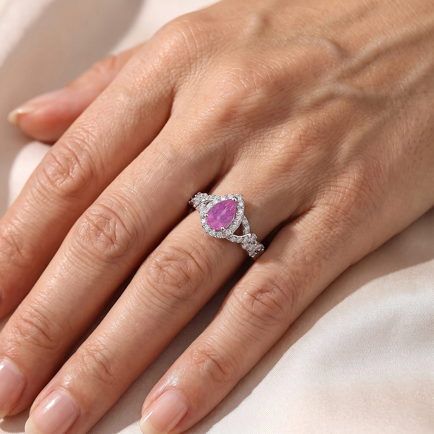 D'Joy Ilakaka Hot Pink Sapphire (FF) and White Zircon 1.15 ctw Ring in Rhodium Over Sterling Silver (Size 7.0)