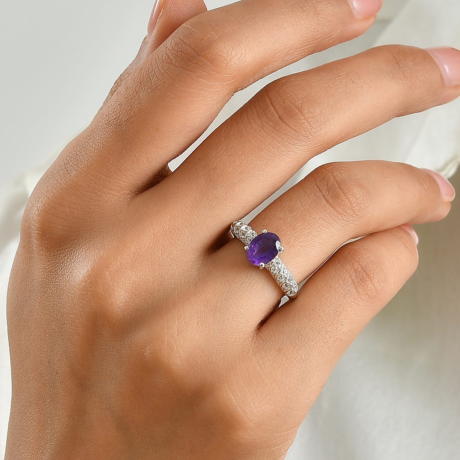 D'Joy African Amethyst and White Zircon 1.50 ctw Ring in Rhodium Over Sterling Silver (Size 10.0)