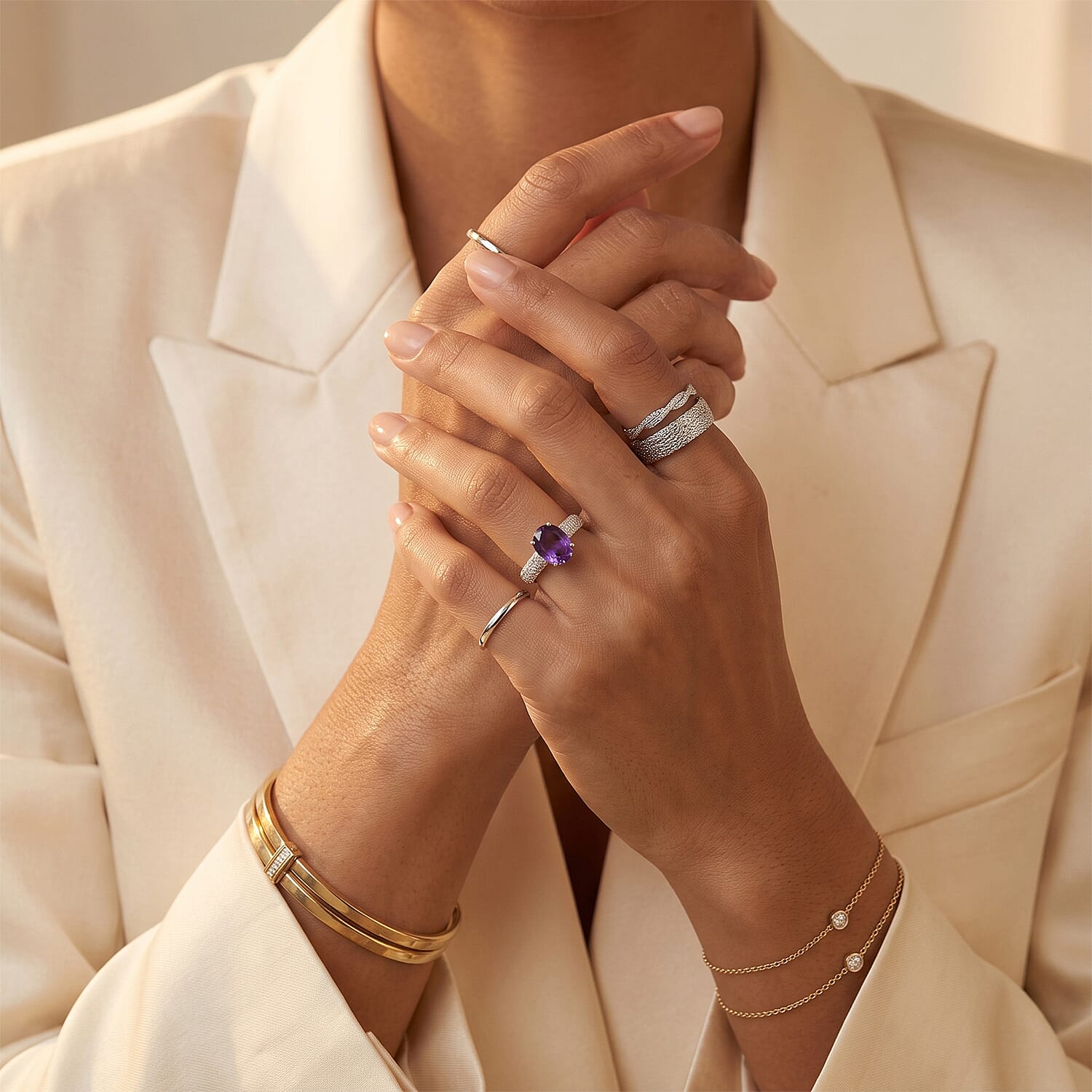 D'Joy African Amethyst and White Zircon 1.50 ctw Ring in Rhodium Over Sterling Silver (Size 10.0)