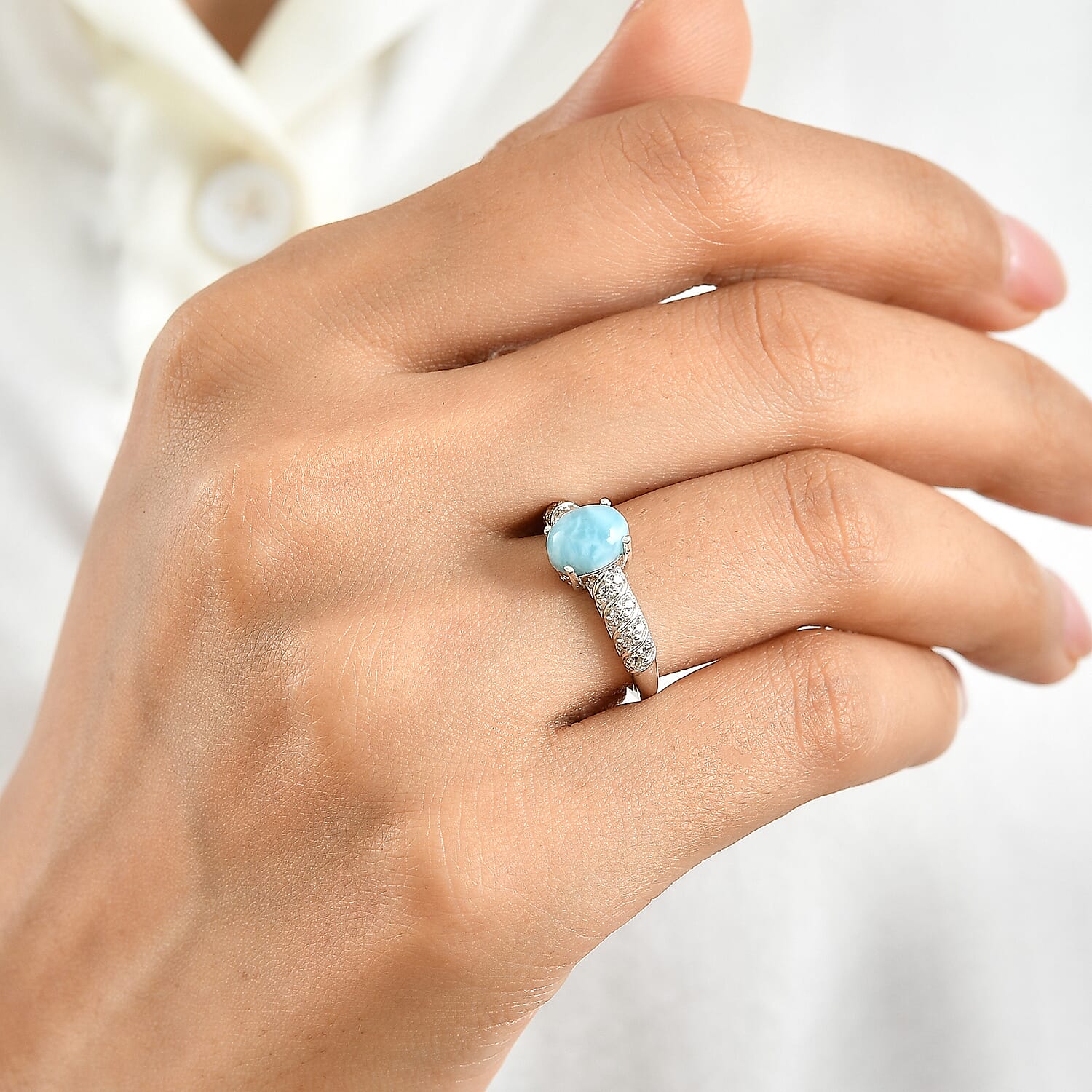 D'Joy Larimar and White Zircon 1.85 ctw Ring in Rhodium Over Sterling Silver (Size 6.0)