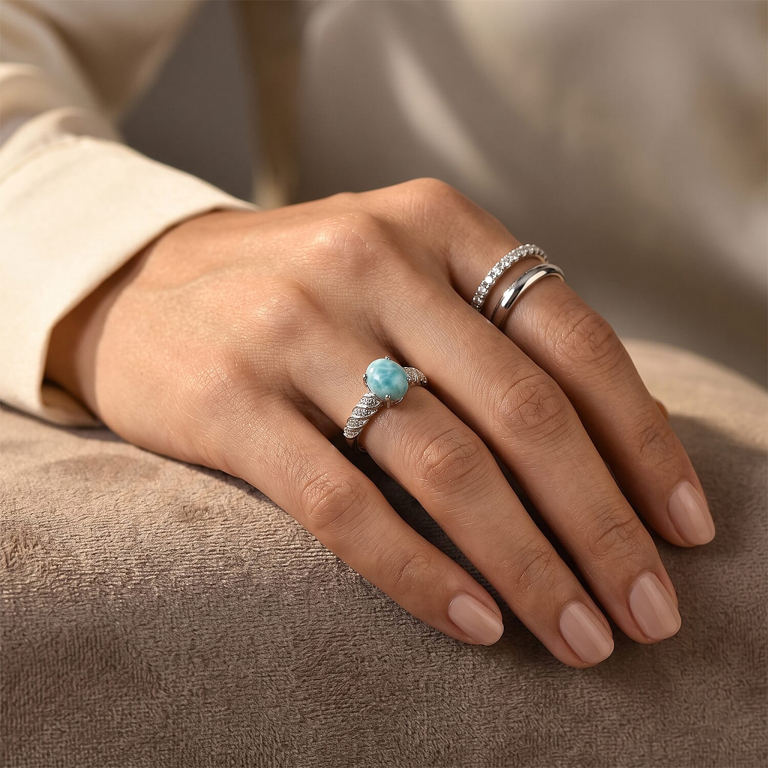 D'Joy Larimar and White Zircon 1.85 ctw Ring in Rhodium Over Sterling Silver (Size 6.0)