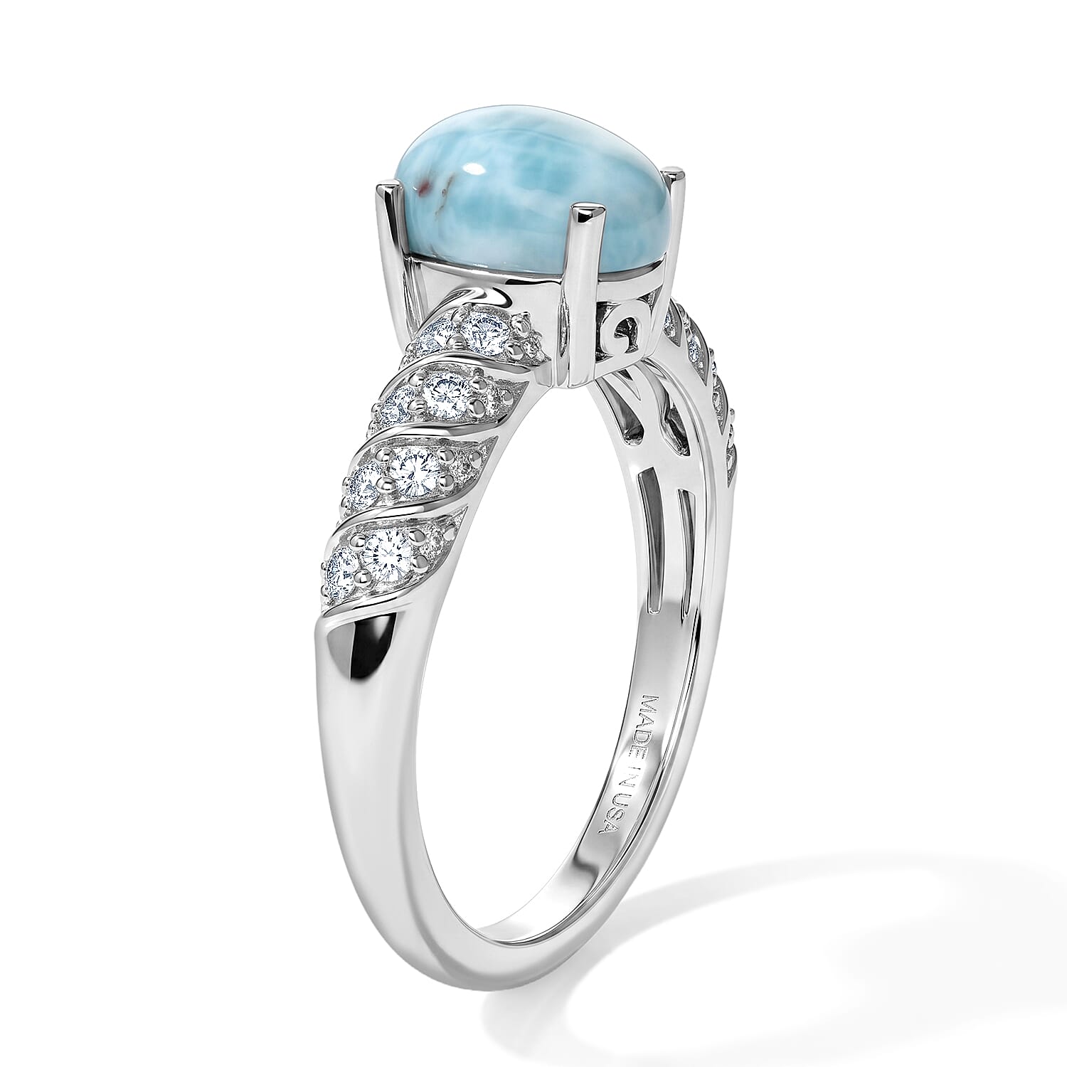 D'Joy Larimar and White Zircon 1.85 ctw Ring in Rhodium Over Sterling Silver (Size 6.0)