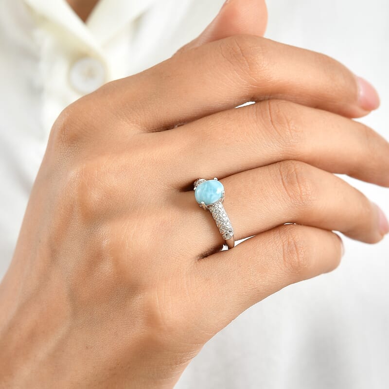 D'Joy Larimar and White Zircon 1.85 ctw Ring in Rhodium Over Sterling Silver (Size 9.0)