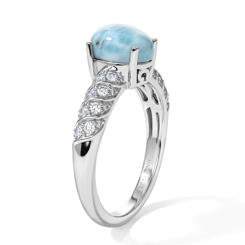 D'Joy Larimar and White Zircon 1.85 ctw Ring in Rhodium Over Sterling Silver (Size 9.0)