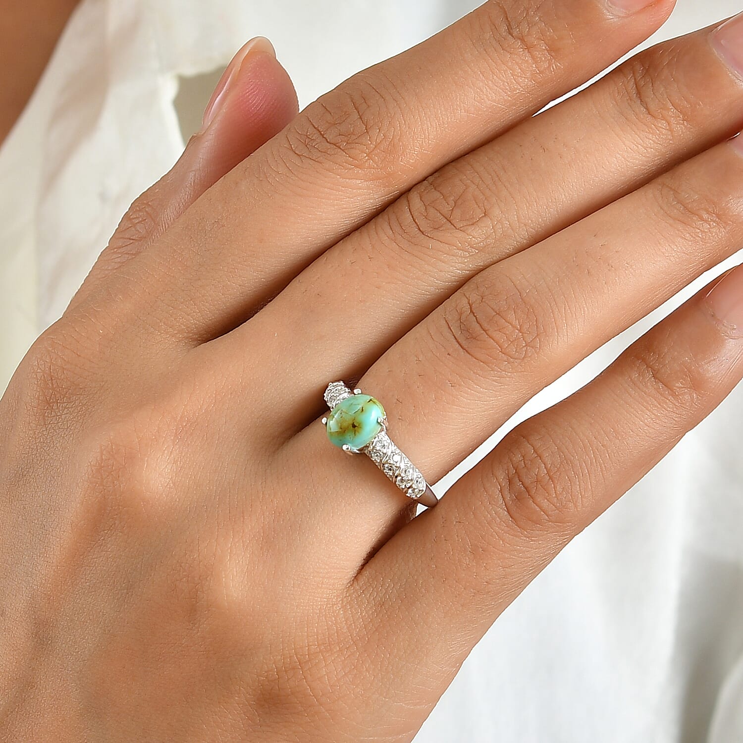D'Joy Royston Turquoise and White Zircon 1.50 ctw Ring in Rhodium Over Sterling Silver (Size 7.0)