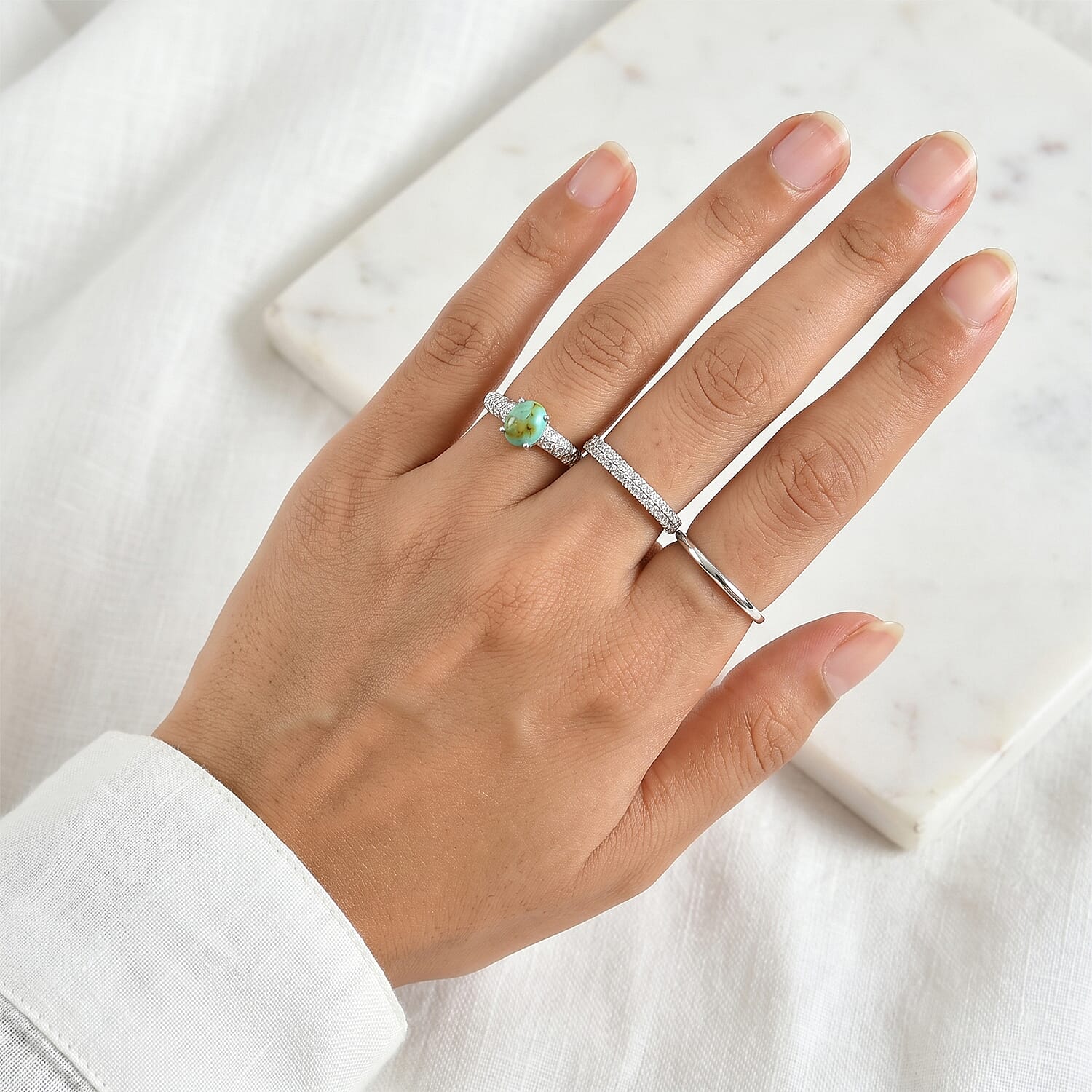 D'Joy Royston Turquoise and White Zircon 1.50 ctw Ring in Rhodium Over Sterling Silver (Size 7.0)