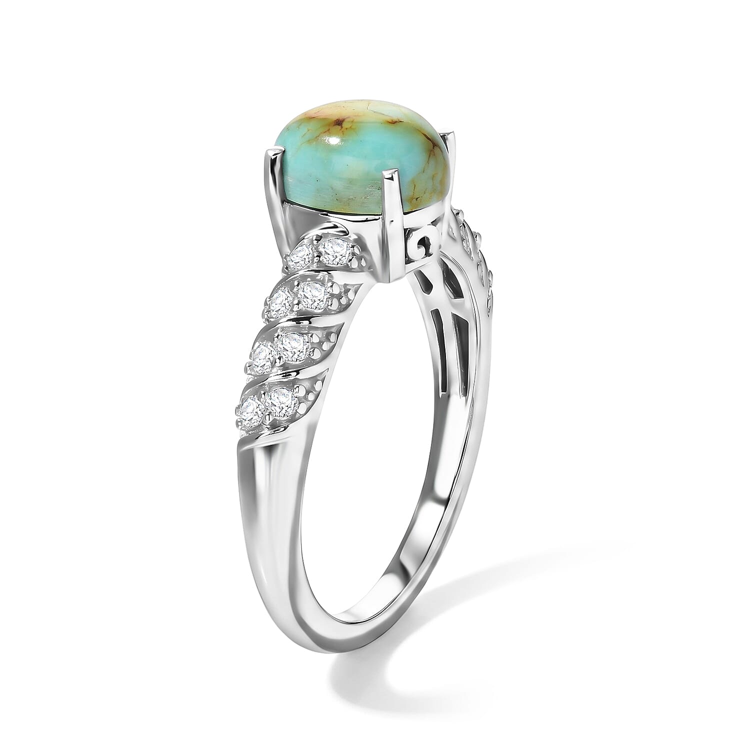 D'Joy Royston Turquoise and White Zircon 1.50 ctw Ring in Rhodium Over Sterling Silver (Size 7.0)
