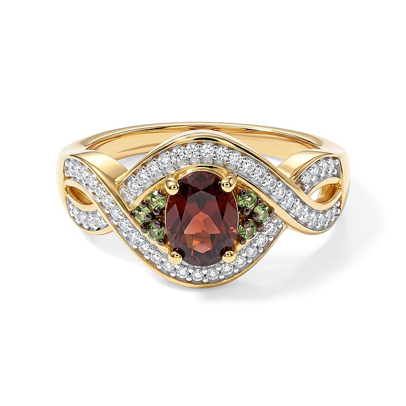 D'Joy AAA Red Zircon and Multi Gemstone 1.30 ctw Ring in 18K Vermeil Yellow Gold Over Sterling Silver (Size 5.0)
