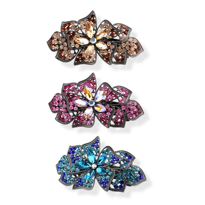 Set of 3 Champagne, Pink and Blue Flower Hair Pins with Rhinestone Decoration