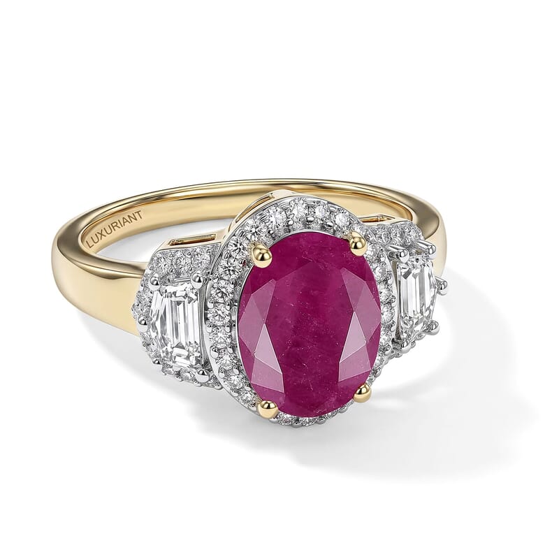 Premium Montepuez Ruby and Luxuriant Lab Grown Diamond (VS) 3.00 ctw Scarlet Shine Ring in 10K Yellow Gold (Size 5.0)