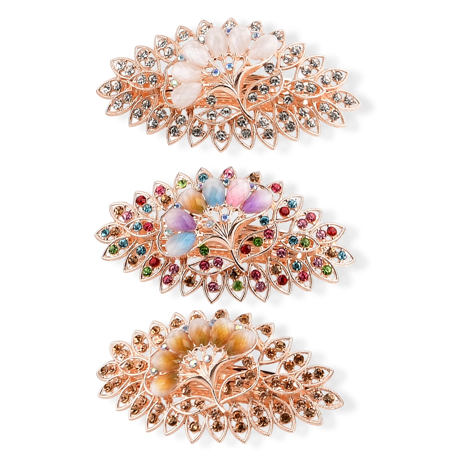 Set of 3 Multi Color Blooming Garden Hair Pins with Rhinestone Decoration