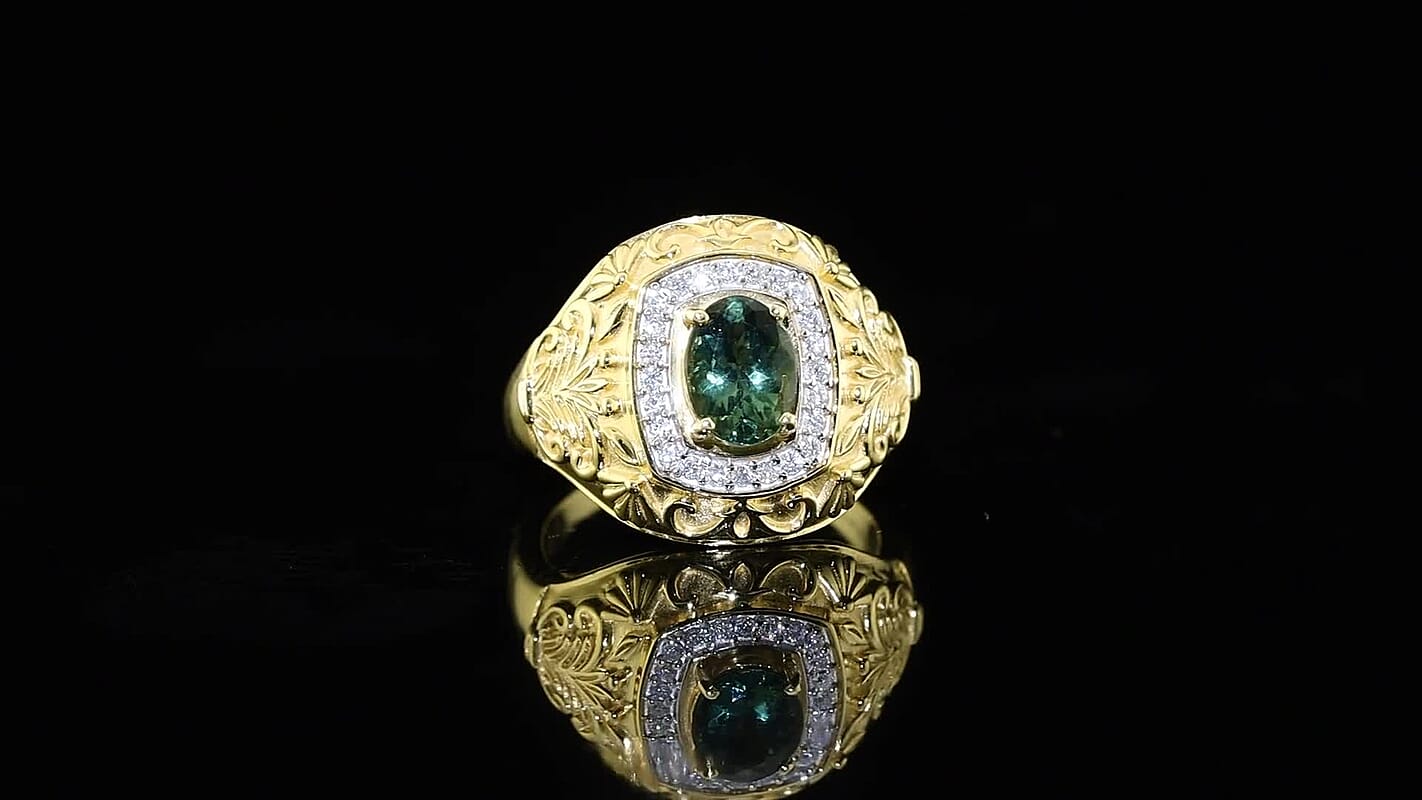 D''Joy Premium Tanzanian Natural Green Apatite, Moissanite Ring in 18K Vermeil YG Over Sterling Silver (Size 8.0) 1.35 ctw