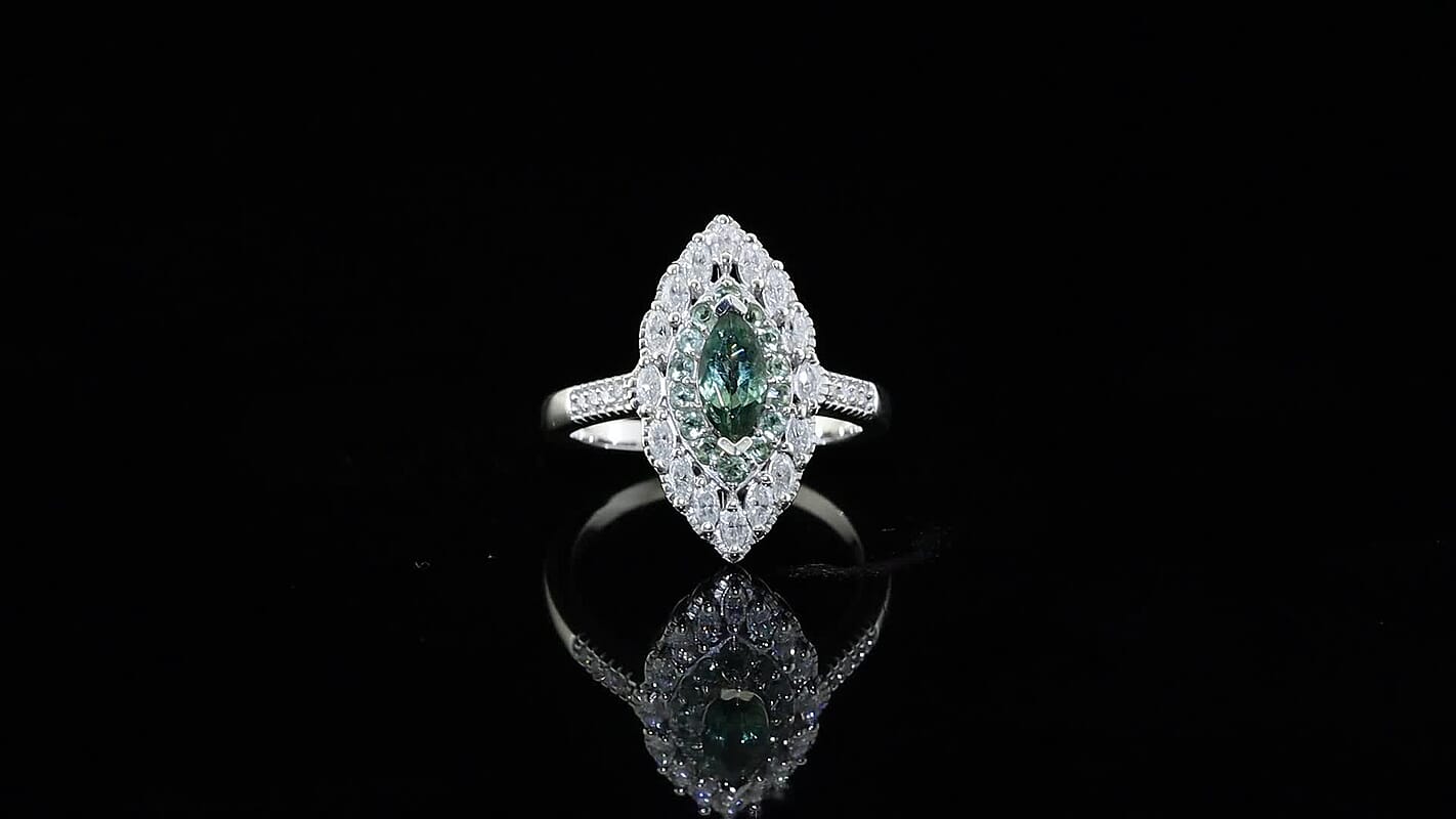 D''Joy Premium Natural Green Apatite, Moissanite Ring in Rhodium Over Sterling Silver (Size 7.0) 1.30 ctw