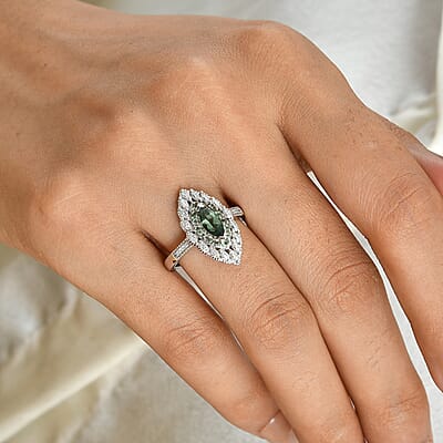 D'Joy Premium Natural Green Apatite and Moissanite 1.30 ctw Leaf of Grace Ring in Rhodium Over Sterling Silver (Size 6.0)