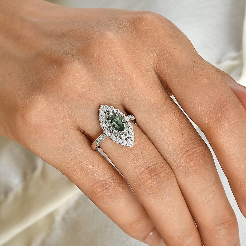 D'Joy Premium Natural Green Apatite and Moissanite 1.30 ctw Ring in Rhodium Over Sterling Silver (Size 6.0)