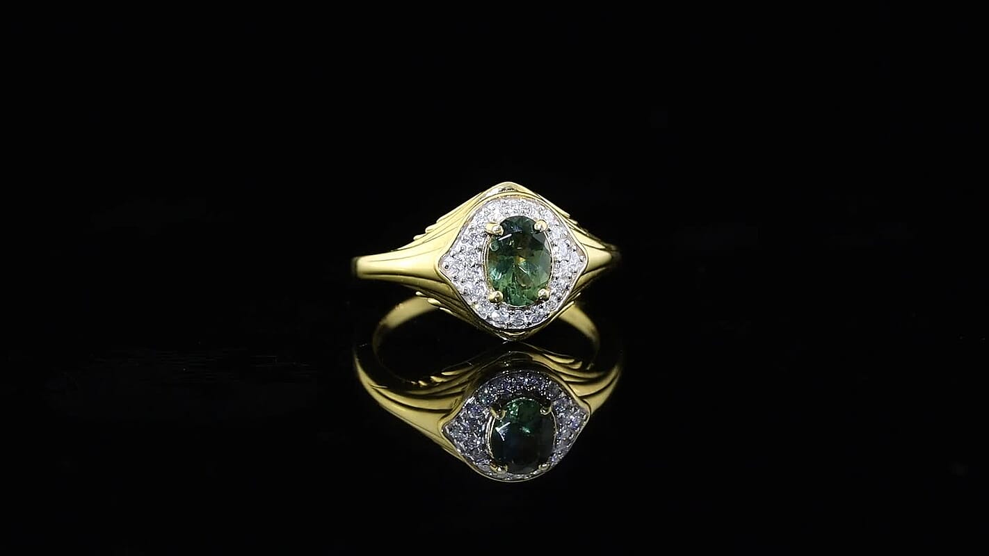D''Joy Premium Tanzanian Natural Green Apatite, Moissanite Ring in 18K Vermeil YG Over Sterling Silver (Size 10.0) 1.00 ctw