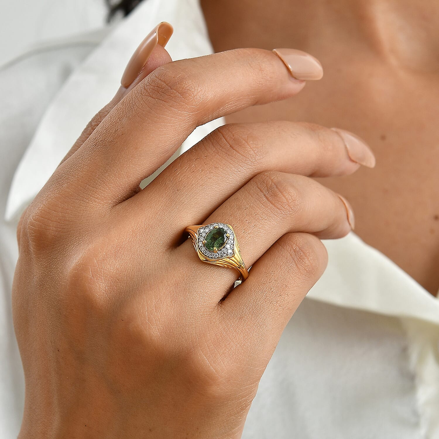 D'Joy Premium Natural Green Apatite and Moissanite 1.00 ctw Nature's Canopy Ring in 18K Vermeil Yellow Gold Over Sterling Silver (Size 5.0)