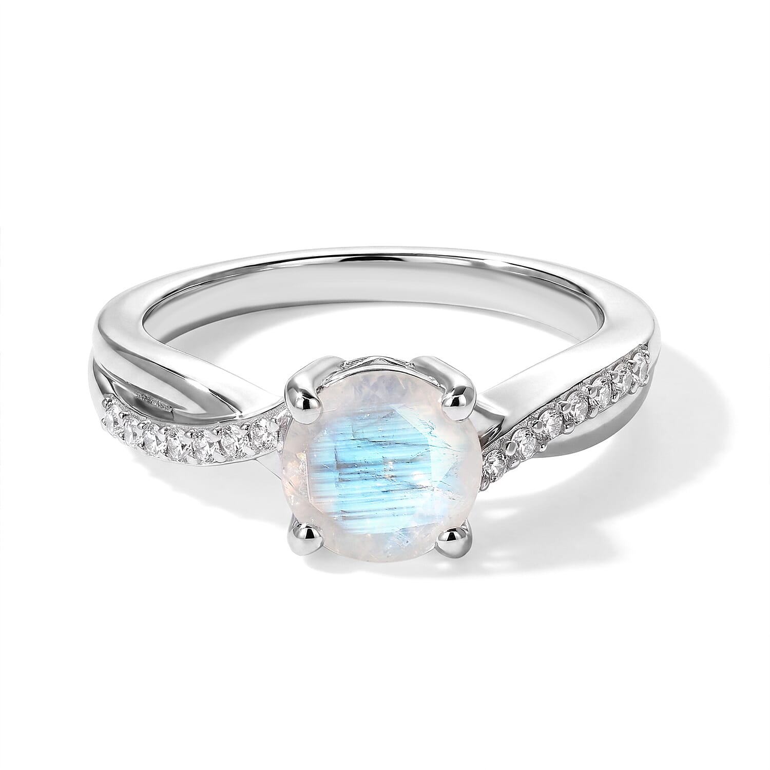 D'Joy Rainbow Moonstone and White Zircon 1.50 ctw Ring in Rhodium Over Sterling Silver (Size 6.0)