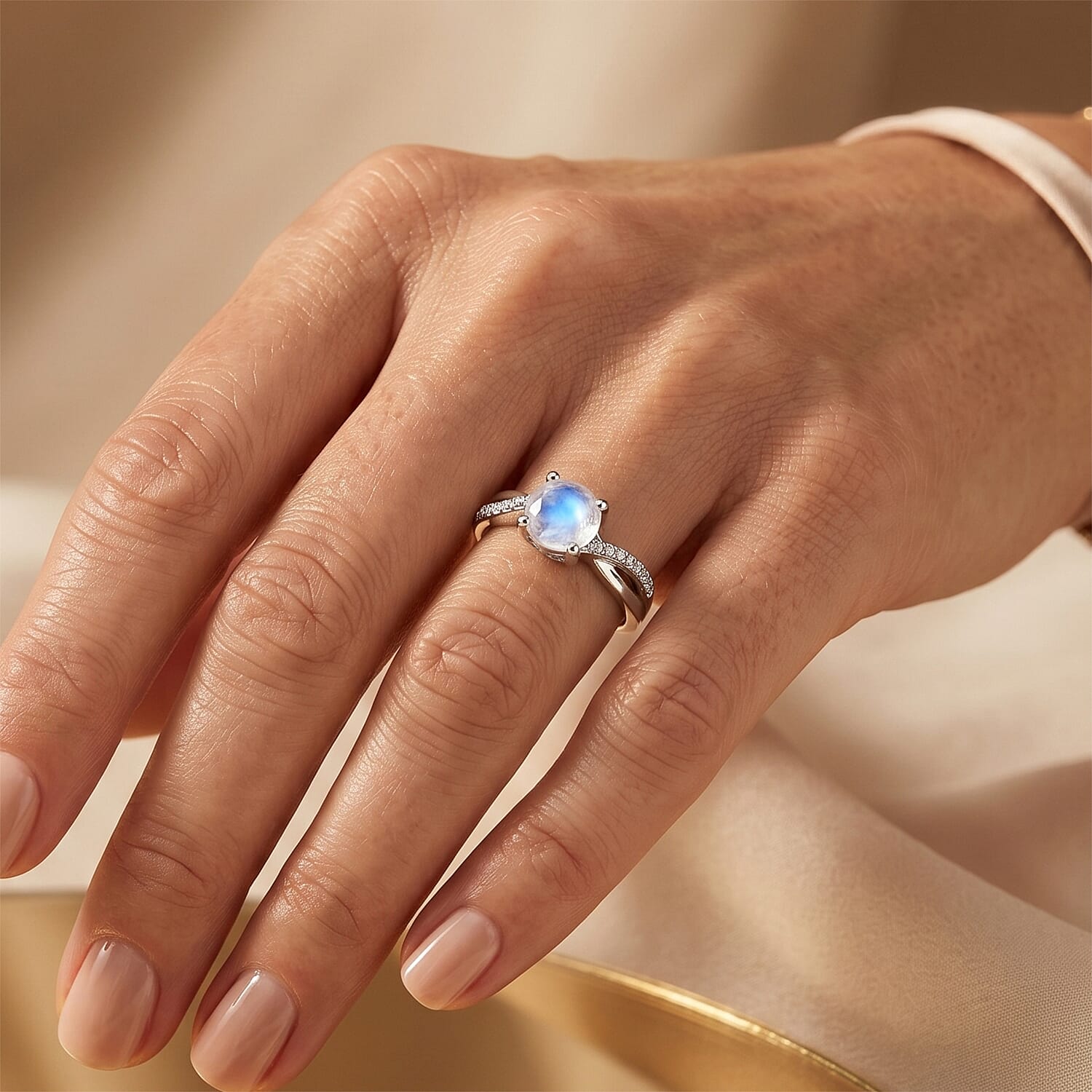 D'Joy Rainbow Moonstone and White Zircon 1.50 ctw Ring in Rhodium Over Sterling Silver (Size 6.0)