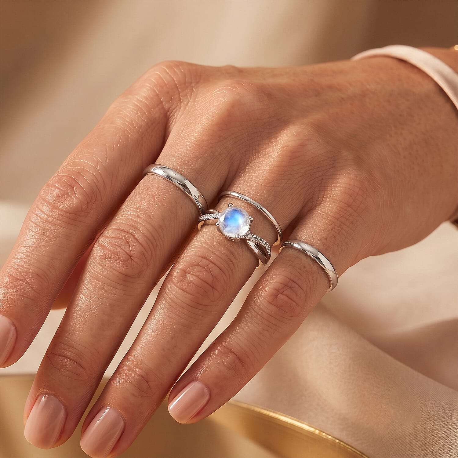 D'Joy Rainbow Moonstone and White Zircon 1.50 ctw Ring in Rhodium Over Sterling Silver (Size 6.0)