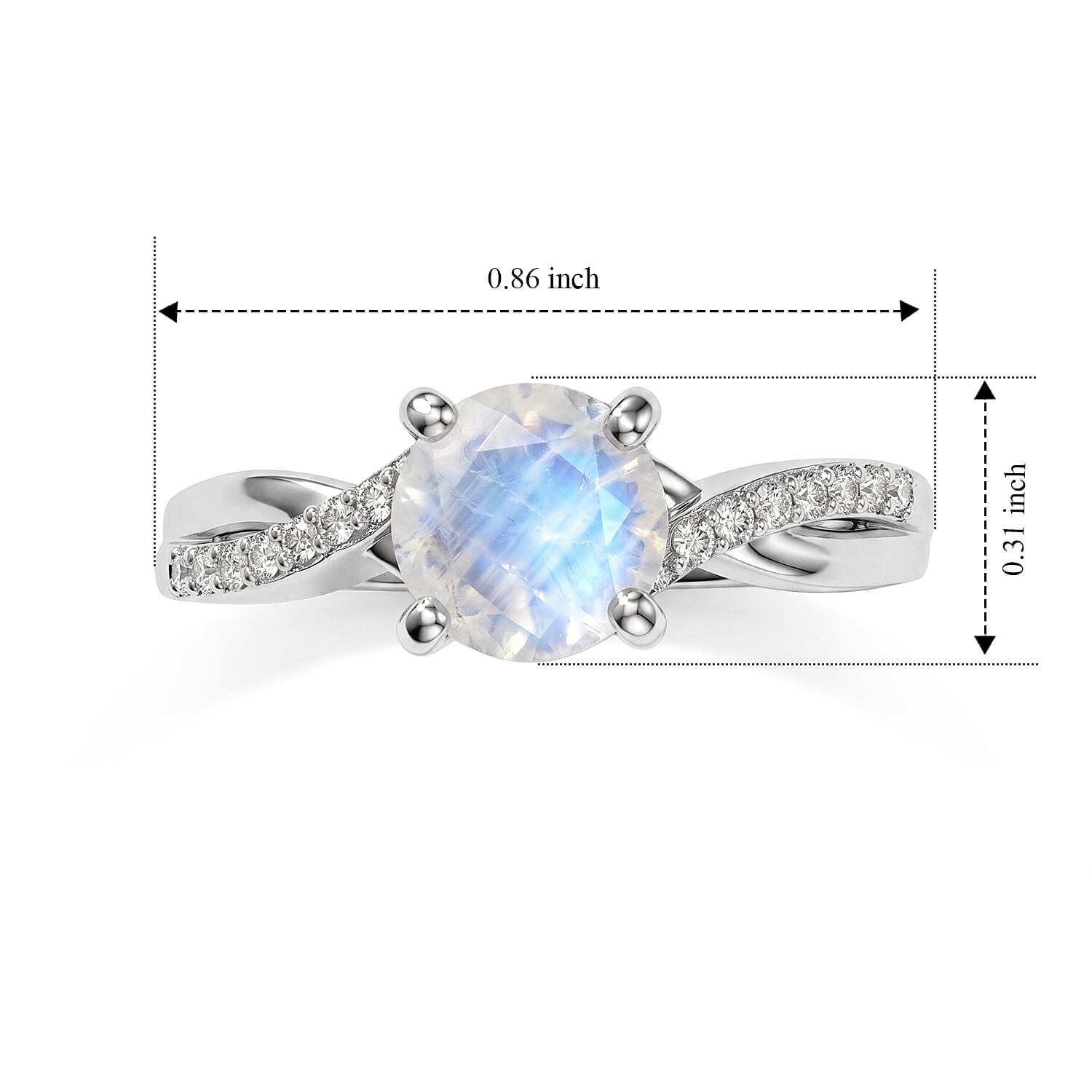 D'Joy Rainbow Moonstone and White Zircon 1.50 ctw Ring in Rhodium Over Sterling Silver (Size 6.0)