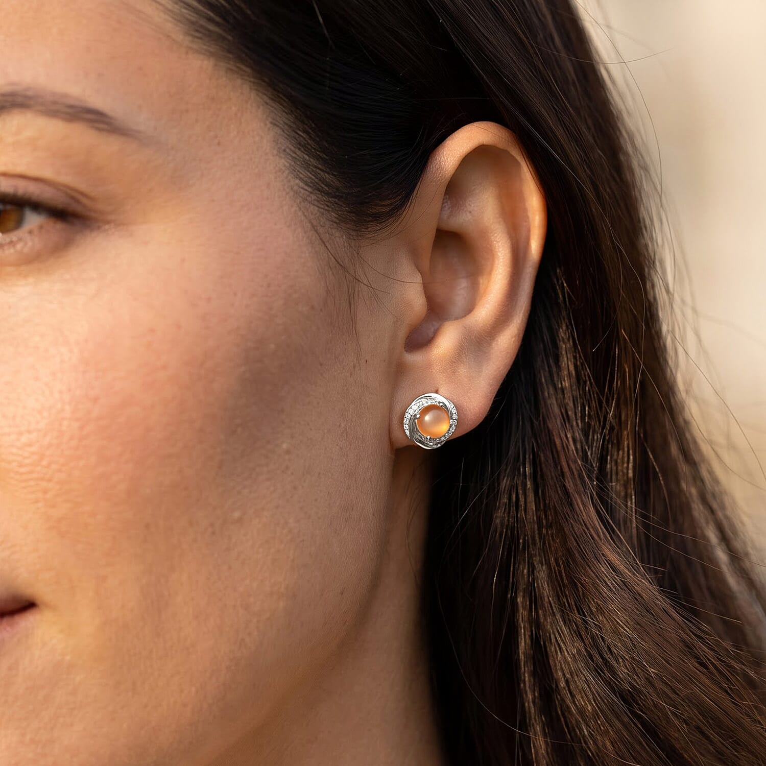 D'Joy Orange Moonstone and White Zircon 2.10 ctw Earrings in Rhodium Over Sterling Silver