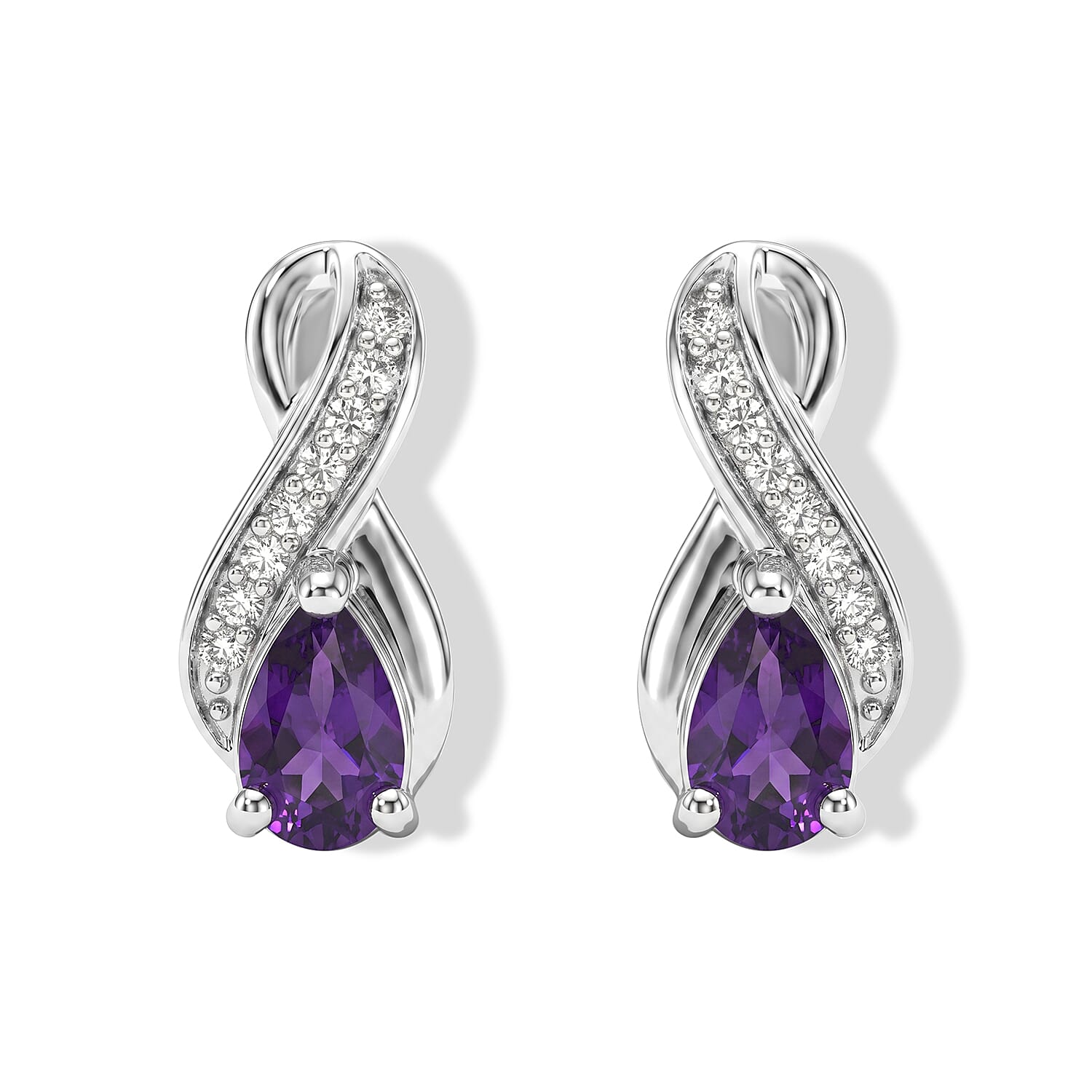 D'Joy African Amethyst and White Zircon 0.50 ctw Solitaire Stud Earrings in Rhodium Over Sterling Silver