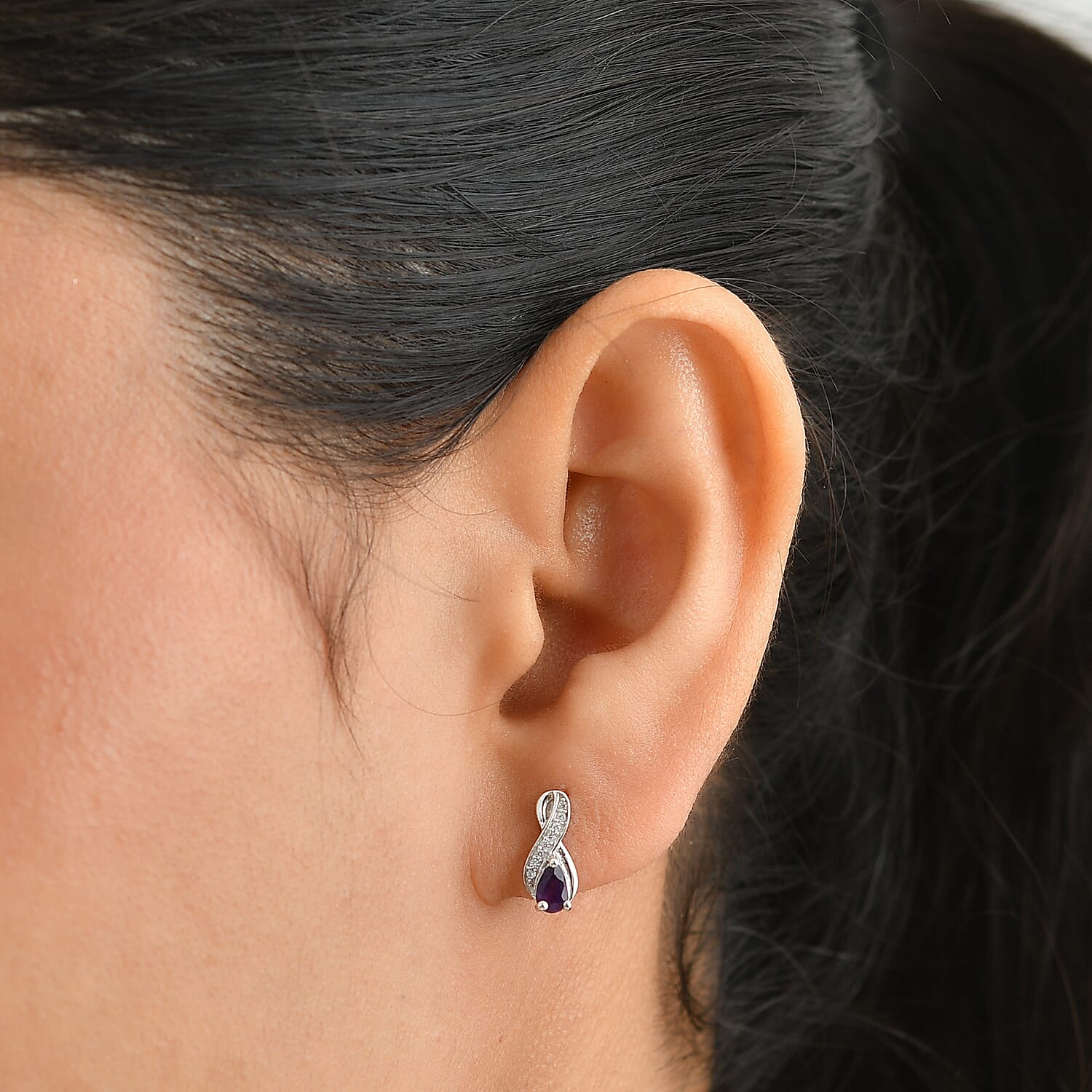 D'Joy African Amethyst and White Zircon 0.50 ctw Solitaire Stud Earrings in Rhodium Over Sterling Silver