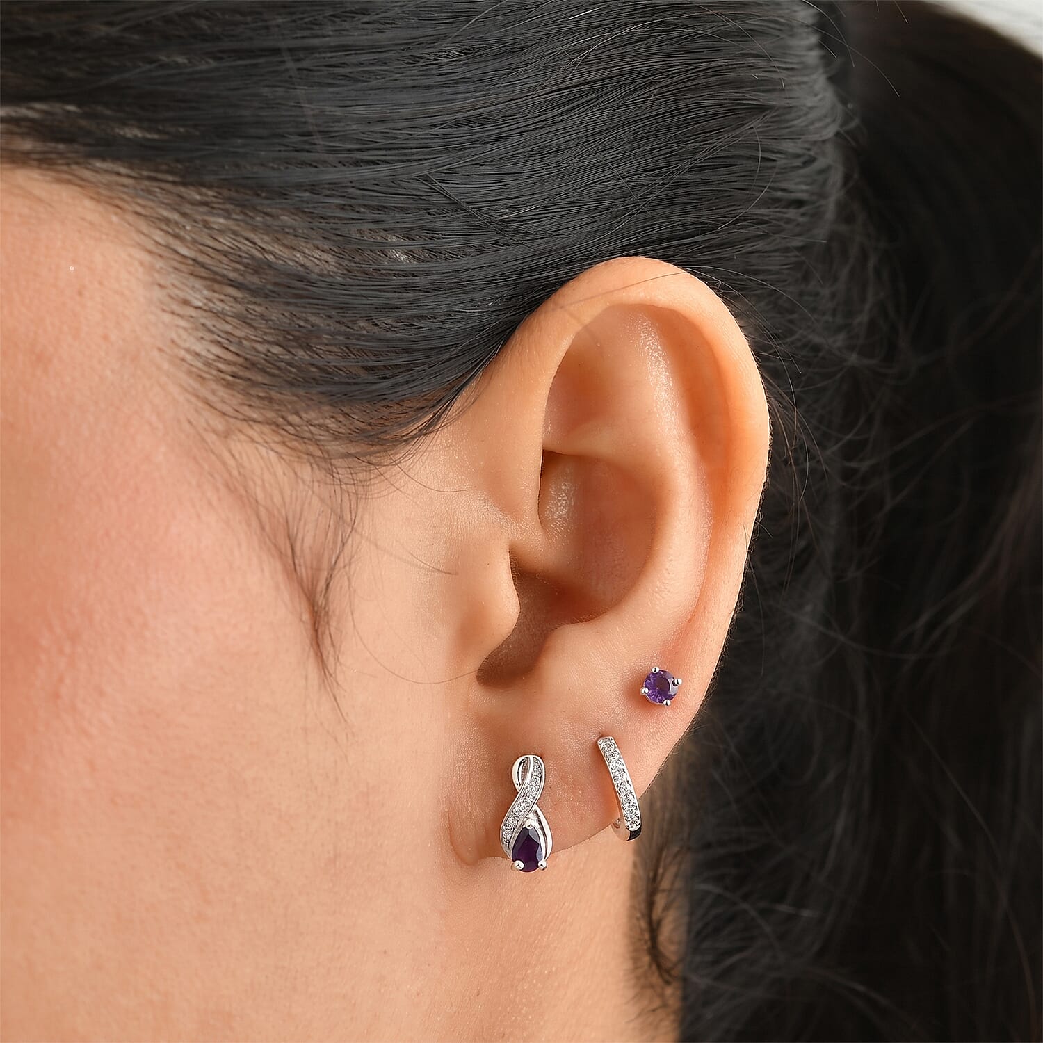 D'Joy African Amethyst and White Zircon 0.50 ctw Solitaire Stud Earrings in Rhodium Over Sterling Silver