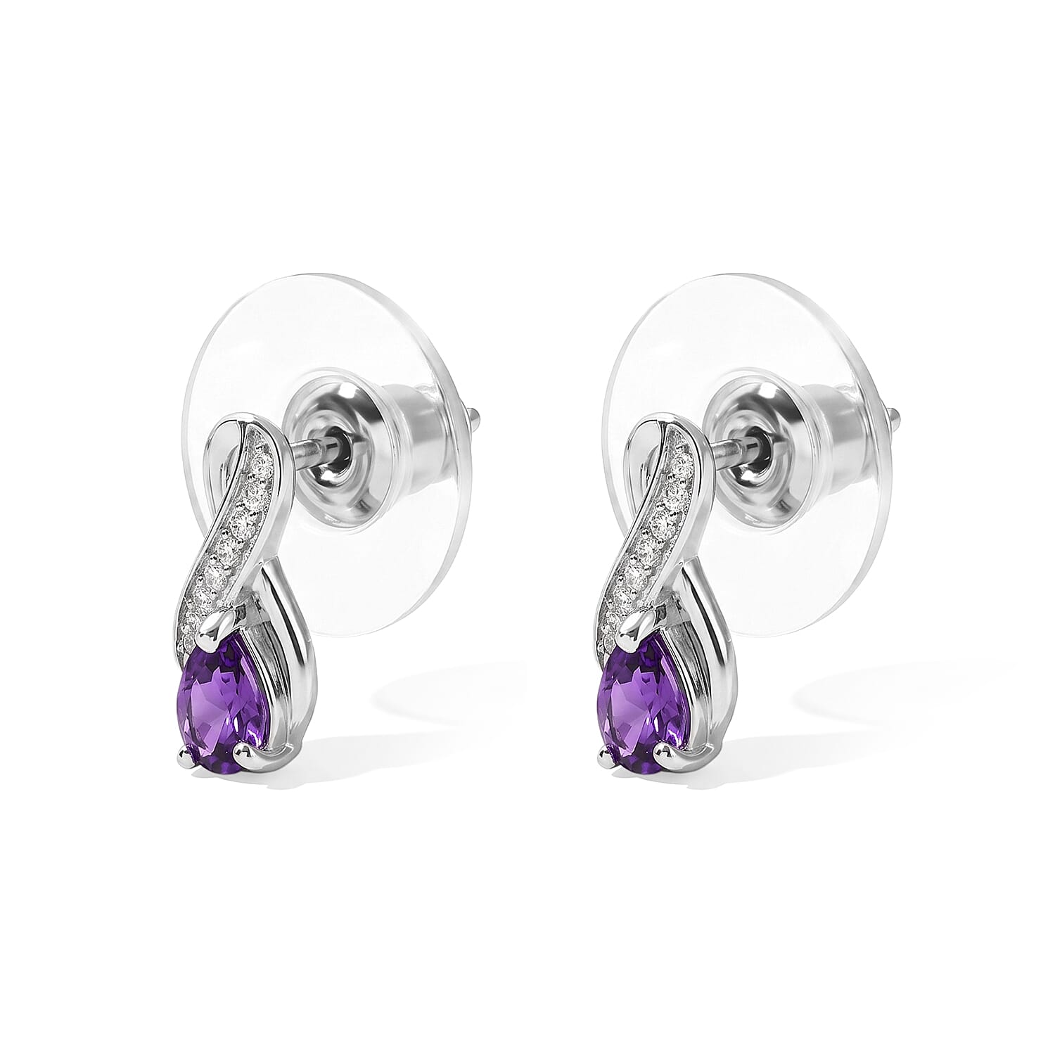 D'Joy African Amethyst and White Zircon 0.50 ctw Solitaire Stud Earrings in Rhodium Over Sterling Silver