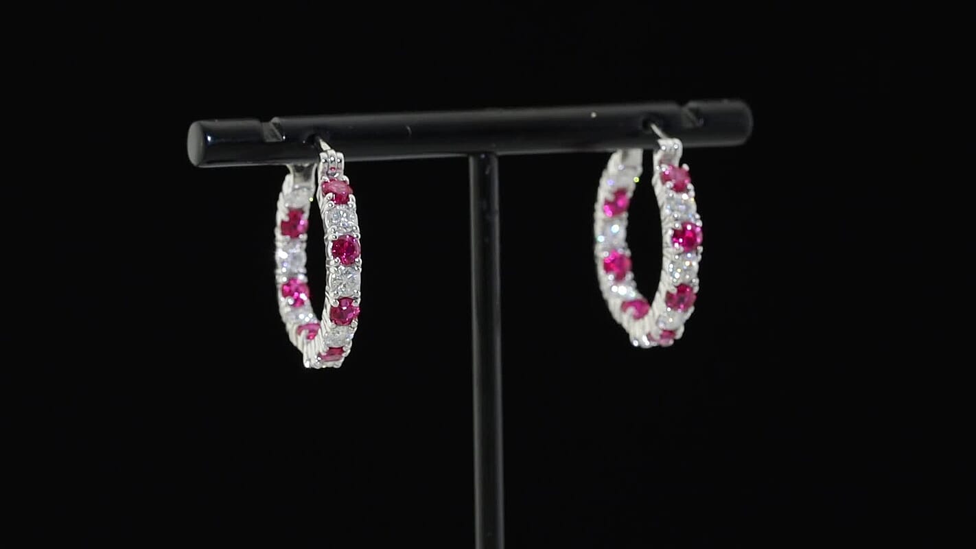 EverTrue Lab Grown Ruby and Moissanite 3.80 ctw Hoop Earrings in Platinum Bond