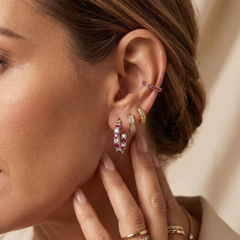EverTrue Lab Grown Ruby and Moissanite 3.80 ctw Timeless Symphony Hoop Earrings in Platinum Bond