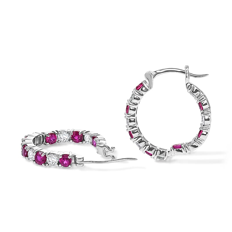 EverTrue Lab Grown Ruby and Moissanite 3.80 ctw Hoop Earrings in Platinum Bond
