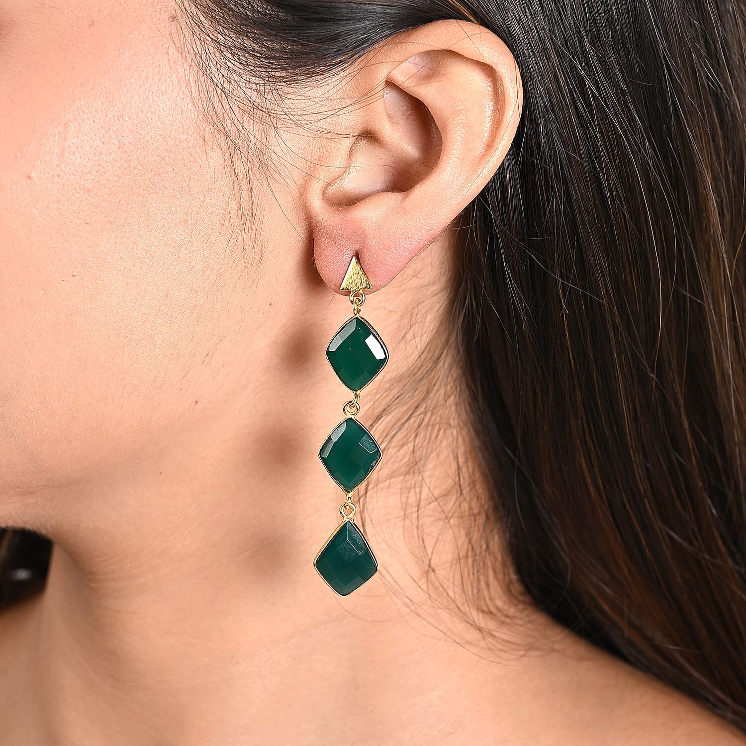 Green Onyx Drop Earrings in Goldtone 27.5ctw
