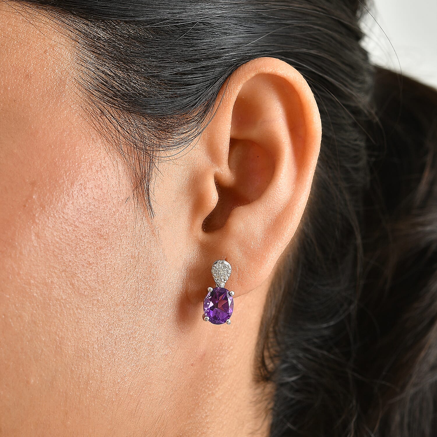 D'Joy Rose De Maroc Amethyst and White Zircon 4.00 ctw Dangling Earrings in Rhodium Over Sterling Silver
