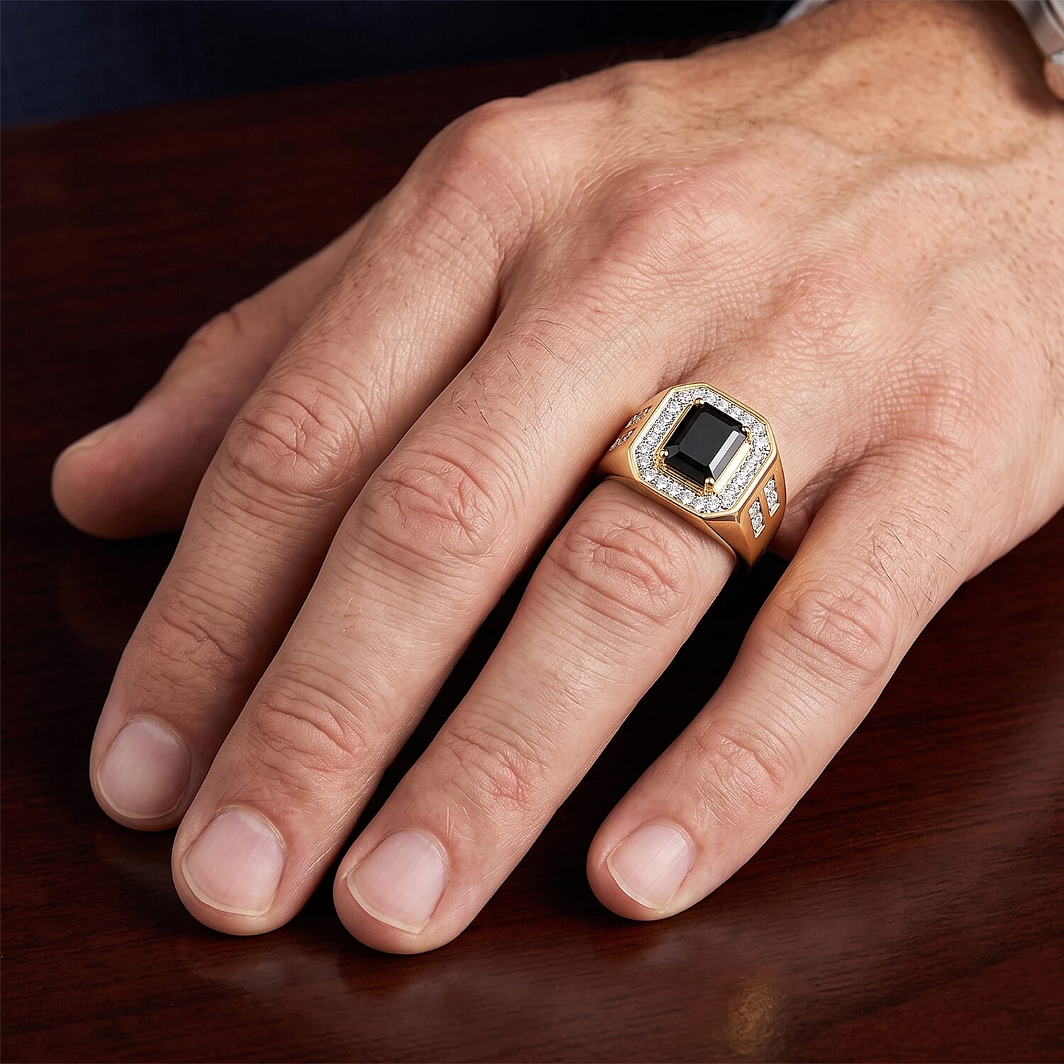 D'Joy Black and White Moissanite 3.35 ctw Men's Ring in 18K Vermeil Yellow Gold Over Sterling Silver (Size 9.0)