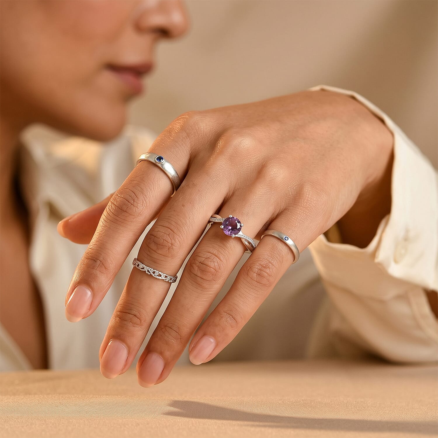 D'Joy Purple Fluorite and White Zircon 1.70 ctw Ring in Rhodium Over Sterling Silver (Size 7.0)