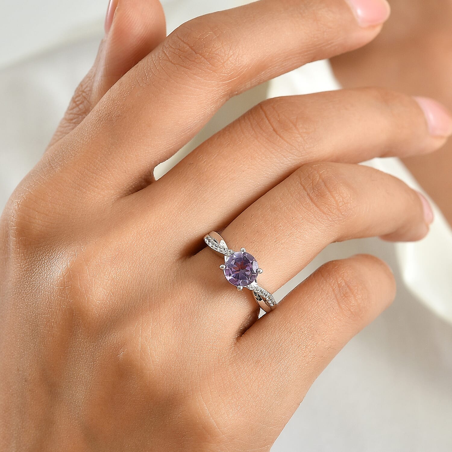 D'Joy Rose De France Amethyst and White Zircon 1.30 ctw Ring in Rhodium Over Sterling Silver (Size 6.0)