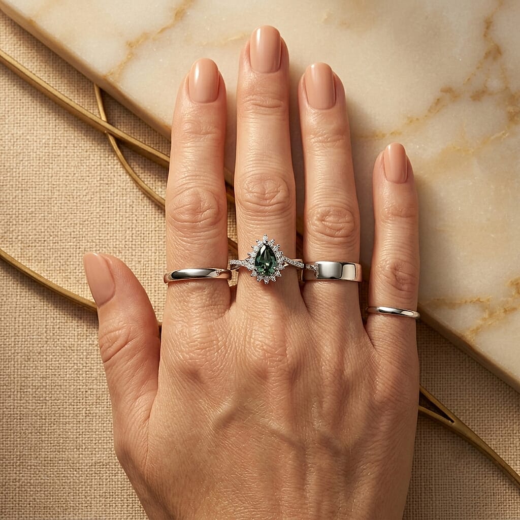 D'Joy Natural Green Apatite and White Zircon 1.10 ctw Ring in Rhodium Over Sterling Silver (Size 6.0)