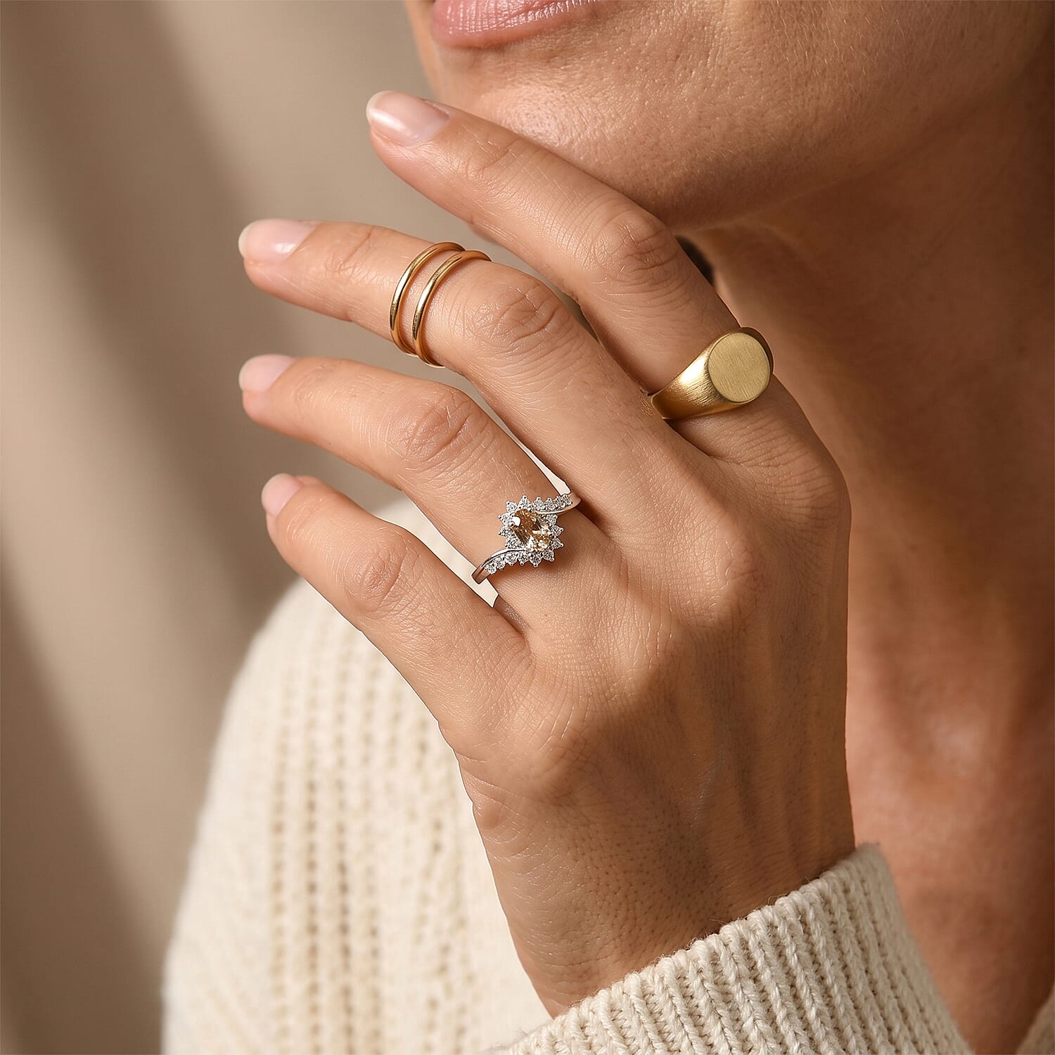 D'Joy Yellow Scapolite and White Zircon 0.85 ctw Ring in Rhodium Over Sterling Silver (Size 6.0)