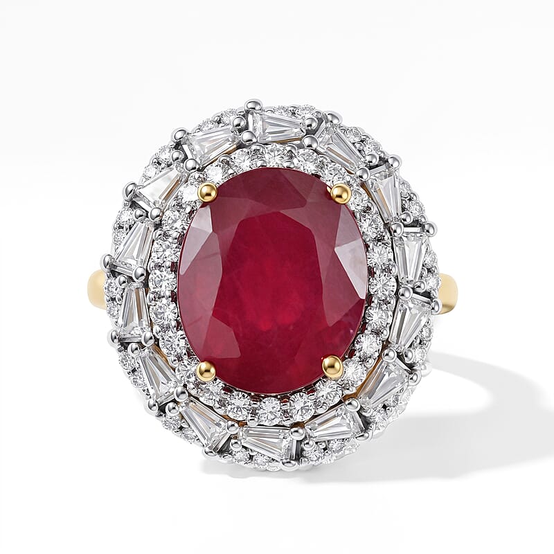 D'Joy Premium Niassa Ruby (FF) and Moissanite 8.25 ctw Ring in 18K Vermeil Yellow Gold Over Sterling Silver (Size 10.0)