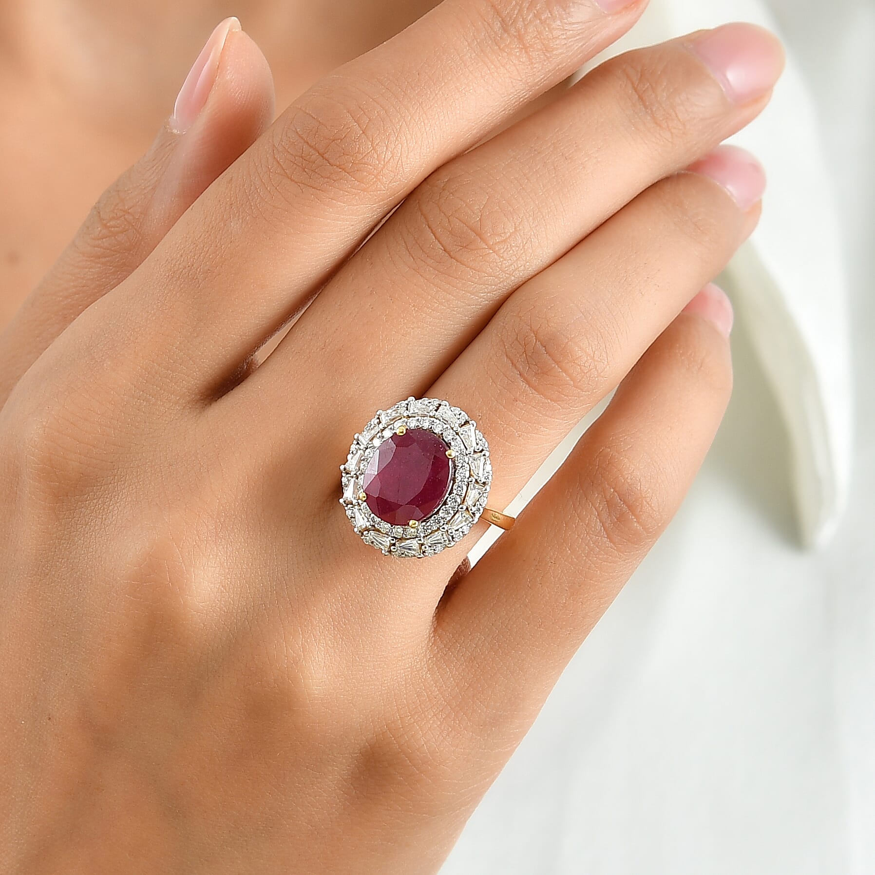 D'Joy Premium Niassa Ruby (FF) and Moissanite 8.25 ctw Ring in 18K Vermeil Yellow Gold Over Sterling Silver (Size 10.0)