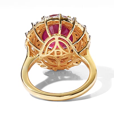 D'Joy Premium Niassa Ruby (FF) and Moissanite 8.25 ctw Ring in 18K Vermeil Yellow Gold Over Sterling Silver (Size 10.0)