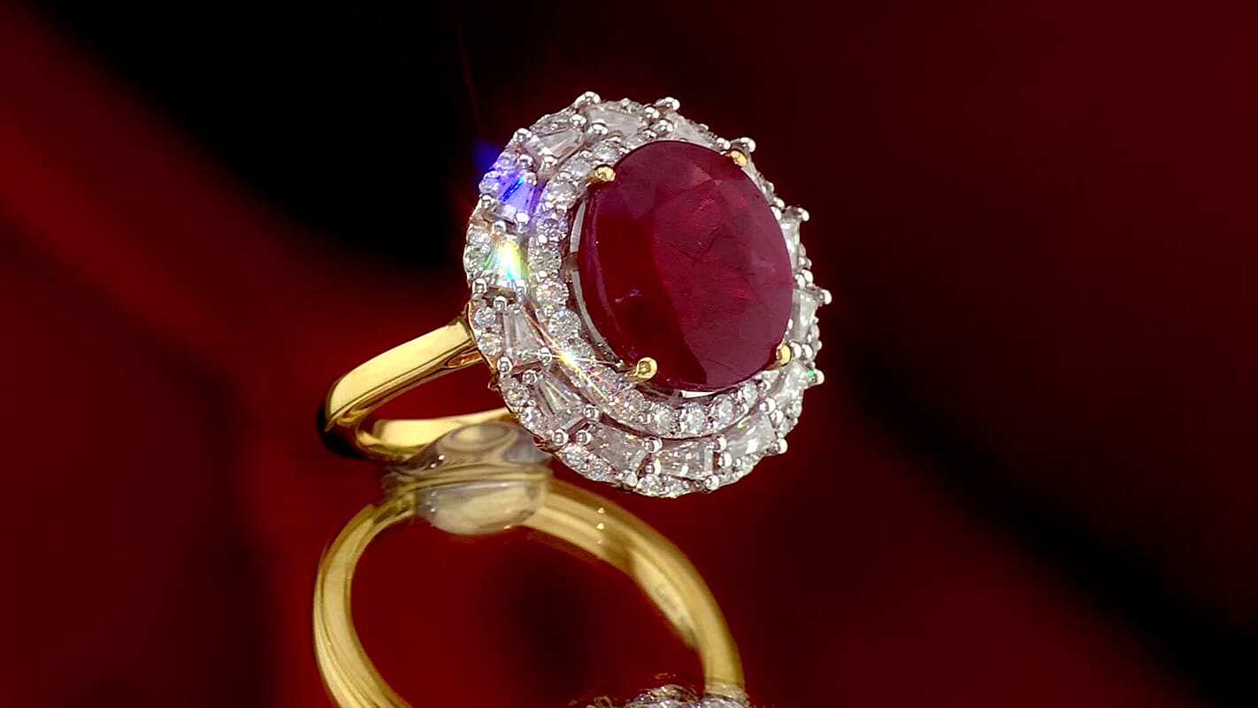 D''Joy Premium Niassa Ruby (FF), Moissanite Ring in 18K Vermeil YG Over Sterling Silver (Size 6.0) 8.25 ctw