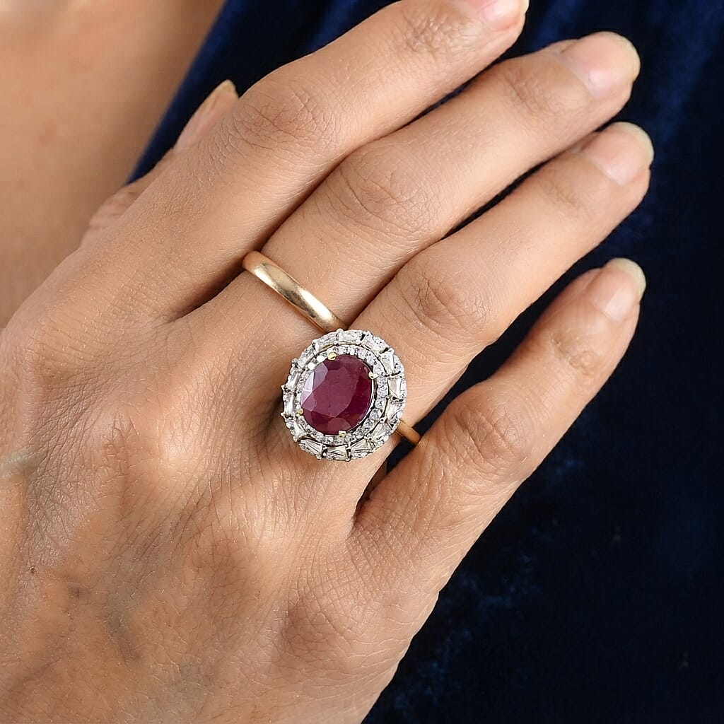 D'Joy Premium Niassa Ruby (FF) and Moissanite 8.25 ctw Ring in 18K Vermeil Yellow Gold Over Sterling Silver (Size 6.0)
