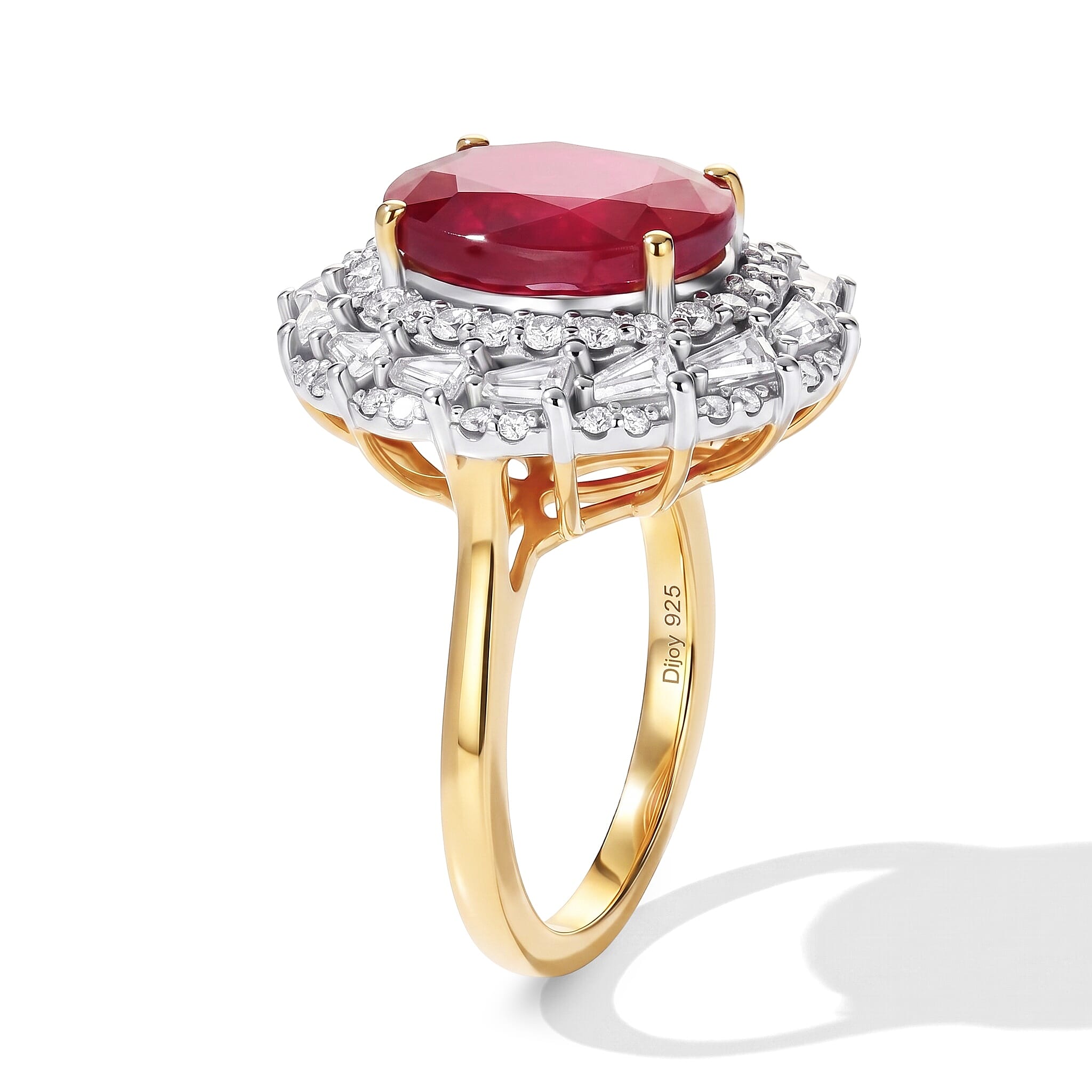 D'Joy Premium Niassa Ruby (FF) and Moissanite 8.25 ctw Ring in 18K Vermeil Yellow Gold Over Sterling Silver (Size 6.0)